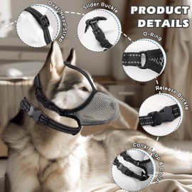 Dog Muzzle,Mesh Soft Muzzle for Small Medium Large Sized Dogs, Breathable Reflective Adjustable Puppy Muzzles with Collar for Scavenging Grooming Biting Chewing,Allows Panting and Drinking(Grey M)