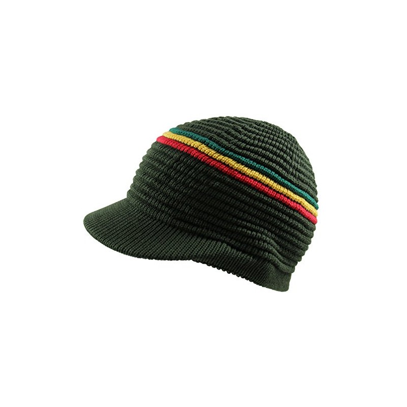 RW Knitted Cotton Rasta Skully Beanie Visor (Olive/RGY)