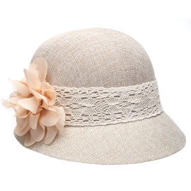 EPOCH Women's Gatsby Linen Cloche Hat with Lace Band and Flower - Natural