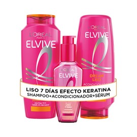 LOréal Paris Dream Liso Shampoo 680ml  Acondicionador 680ml  Serum Capilar 100ml, Ideal para cabello con frizz, liso 72h efecto keratina 3 Pack