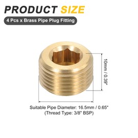 sourcing map 4Pcs Brass Pipe Plug Fitting, 3/8" BSP Male Hex Counter Sunk Plug, Internal Thread Socket Pipe Plug for Closing the End of Pipe, Air Tanks