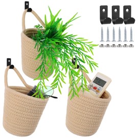 3 Pcs Fabric Hanging Baskets, Cotton Rope Storage Baskets with Hooks & Screws, Space-Saving Wall-mounted Bags, Rustic Decorative Baksets, Wall Hanging Organizers for Home & Office