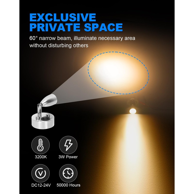 SUPAREE 12v LED Spot Reading Light Adjustable Switch Warm Light