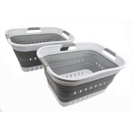 SAMMART Set of 2-30L (8 gallon) Collapsible Plastic Laundry Basket - Foldable Pop Up Storage Container/Organizer - Space Saving Hamper/Basket (2, White/Grey)