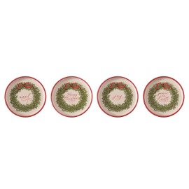 One Holiday Way Set of 4 6.5-Inch Decorative Ceramic Traditional Christmas Wreath Dessert Plates - Elegant Xmas Party Tableware Snack Appetizer Serveware - Trinket Dish Winter Kitchen Home Decor