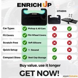 ENRICH UP 2-in-1 Car Steering Wheel Tray - Steering Wheel Desk for Laptop, Multipurpose Car Table for Eating & Work, Adjustable Car Food Tray with Silicone Rings (Mint) (Mint Ring)