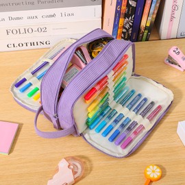 Nuozme 3 Compartment Pencil Case, Extra Large Capacity School Supplies Pencil bag with Easy Handle, Soft Corduroy Pencil Pouch, Aesthetic Supply Pen Case Bag Organizer For Teen Girls College (Blue)