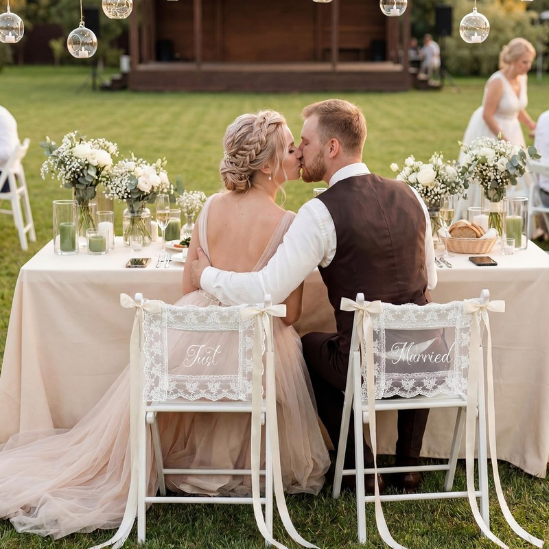 Breling 2 Pcs Lace Just Married Wedding Chair Signs Sweetheart