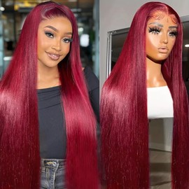 HALERP 32 Inch 99J Burgundy Lace Front Wigs Human Hair 200% Density 13x6 Straight Lace Front Wigs Human Hair Pre Plucked Red Lace Frontal Wig for Women Glueless Wig with Baby Hair Natural Hairline