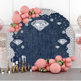 YongFoto Denim and Diamonds Round Backdrop Cover 7.5ft Blue Jeans Inlaid Rhinestone Photography Background Wedding Woman Birthday Party Banner Decoration Portrait Photoshoot Photo Studio Booth Props