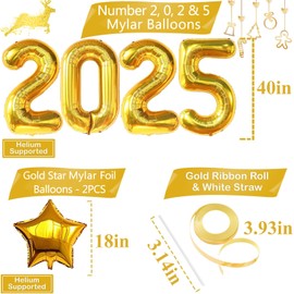 New Year Balloons, New Years Eve Decorations, 8PCS Happy New Year Balloons Include 4 * 2025 Numbers 2*Stars 1*Blowing Straw 1*Roll of Ribbon, New Years Eve Balloons For New Years Eve Party (Gold)