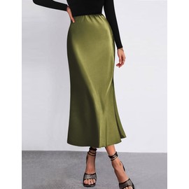 HOTOUCH Womens Green Skirt High Waist Satin Skirt Long Fall Silk Skirts Cocktail Party Wedding Flared A-Line Midi Skirts X-Small