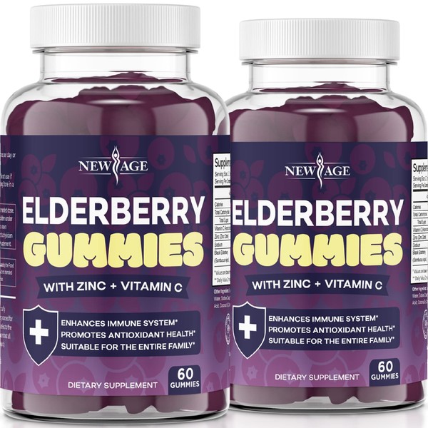 NEW AGE (2-Pack) Premium Elderberry Gummies for Adults Kids with Vitamin C, Zinc, Propolis - Sambucus Black Elderberry Gummy Extract - Gluten Free & Vegetarian - 120 Gummies