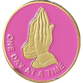 Praying Hands Coin One Day at A Time Pink Color Serenity Prayer Medallion