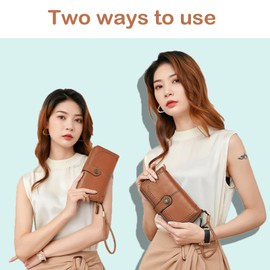 BYWAUQI Wallets for Women Leather Large Capacity Credit Card Holder for Women with Wristlet Zipper Pocket ID Window(brown)