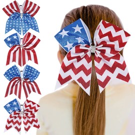 July Fourth Hair Bow, Red White Blue Hair Bow for Women Girls Glitter Large Cheer Hair Bow Hair Ties Patriotic Hair Band Ponytail Holder TSFQ04 (Cheer Bow 1)