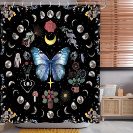 Aperturee 72x72 inch Witchy Moon Phases Butterfly Shower Curtains, Mysterious Moth Sun Star Boho Floral Hippie Flower Plant Gothic Aesthetic Nature Mandala Botanical Bathtub Decor 12 Plastic Hooks