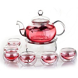 Glass Filtering Tea Maker Teapot with a Warmer and 6 Tea Cups (251511cm, red1)