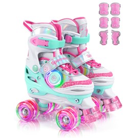 Kids Roller Skates, Girls Roller Skates with 4 Adjustable Sizes, Toddlers Roller Skate with 8 Side-Illuminated Flash LED Wheels, Illuminating Skating Shoes with Protective Gear Set for Ages 3-12