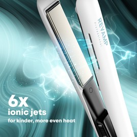 Revamp Progloss Ion Shine Ceramic Straightener with Ion Technology for Frizz-Free Results Enriched with Progloss Smooth Keratin, Argan and Coconut Oil, Various Heat Levels, White