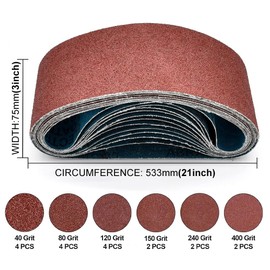 18Pcs Sanding Belt 75 x 533 mm, 6 Different Grits, 40/80/120/150/240/400, Grit Belt Set for Belt Sander Grinding Polishing Sharpening and Derusting(Size:75 x 533 mm)