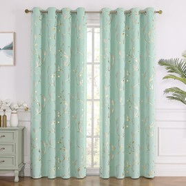 BUHUA Blackout Curtains 72 Inches Long, Gold Foil Print Pattern Room Darkening Curtain, Living Room Curtains & Drapes, Thermal Insulated Window Panel Set, 52 x 72 Inch, Aqua