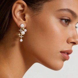 Yheakne Vintage Crystal Pearl Drop Earrings Pearl Tassel Earrings Gold Cz Star Earrings Rhinestone Pearls Chandelier Earrings Jewelry for Women