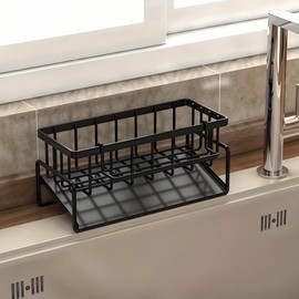 Stainless Steel Upgraded Thickened Washstand Storage Rack - Kitchen Sponge Rack with Hanging Rod for Cloths and Sink Cover Drainage Rack Organiser Black drainer dish:_black