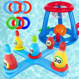LAMOOER Inflatable Pool Basketball Toy, Bowling Cross Throwing Set, Floating Swim Ring and Beach Ball Throwing Games, Summer Party, Fun Favors, Water Battle Game for Kids and
