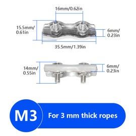 CEEYSEE 10Pcs Heavy Duty Wire Rope Clips M3 304 Stainless Steel Double Clamp Buckle Nuts Wire Ropes Cable Duplex Bolt Cable Clamp Wire Rope Clips for Fixing Drying Racks and Rigging Rope(U/M3/GSJ)