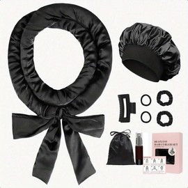 Rizador de Cabello sin Calor, Set de Rizadores de Satén sin Calor, Rizadores de Ondas con Diadema Suave para Dormir, Rizadores de Pelo de Seda Antideslizante, Juego de Peinado para Cabello Largo (Negro)