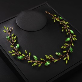 Teyglen Bride Wedding Hair Vine Green Pearl Crystal Beads Headband Handmade Red Green Black Crystal Pearl Hair Pieces Wedding Hair Accessories for Women Prom Festival Headpieces (Green)