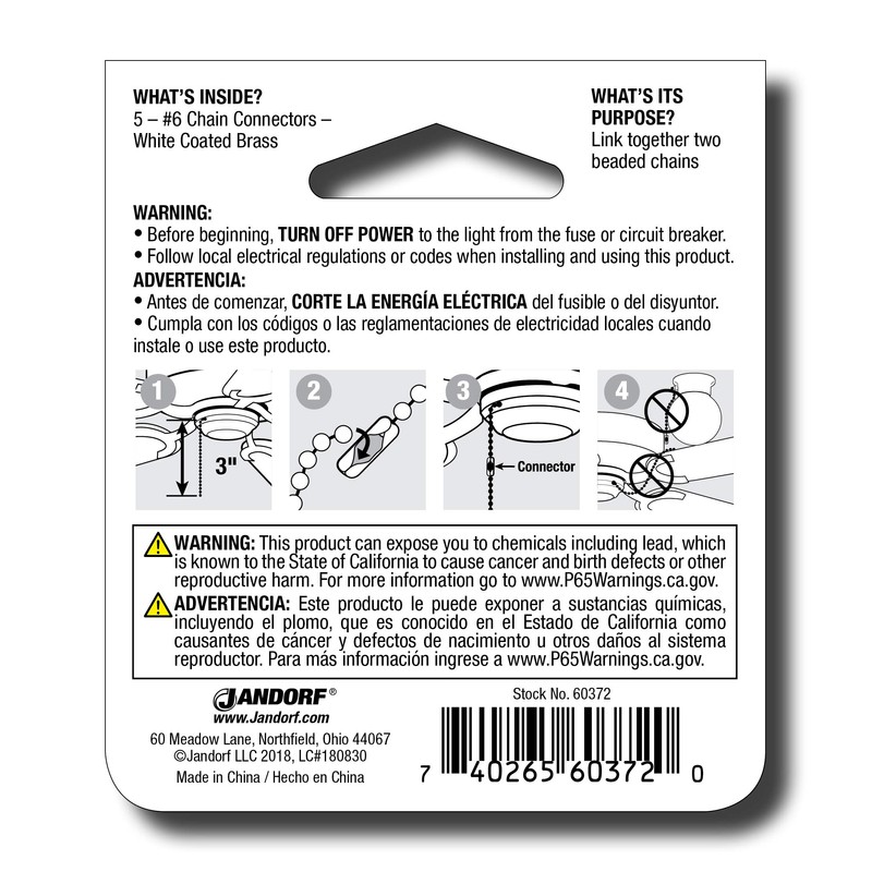 Jandorf Lamp Chain Connector, White Coated Brass, #6, 5-Pk.