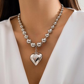 Layered Necklace Pendant Layered Heart Chain Necklaces Metal Cross Necklace Gold Heart Necklace Gold Chunky Bead Heart Pendant Necklace Punk Metal Cross Necklace OT Buckle Chain Necklace for Women (silver C)