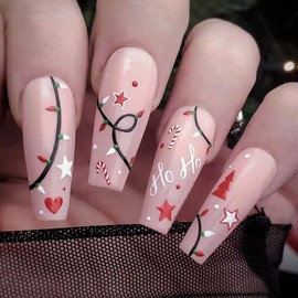 Christmas Press on Nails Long Nude Fake Nails Square Ballerina Christmas Lights Heart Pattern False Nails Christmas Nail Art Salon DIY Artificial Full Cover Nail Tips for Women Girls 24Pcs