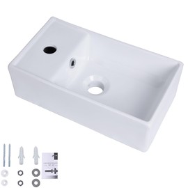 Small Wall Mount Bathroom Vessel Sink, QISHKA 15.5" X 8.5" Rectangular Floating Ceramic Wash Hand Basin- White Wall Hung Vanity Sink with Overflow for Small Bathroom (Left Hand)