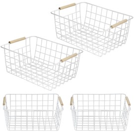 QWORK White Wire Baskets with Handles, Powder-Coated Durable Steel for Multipurpose Storage in Kitchen, Pantry, Closets, and More, 4 Pcs