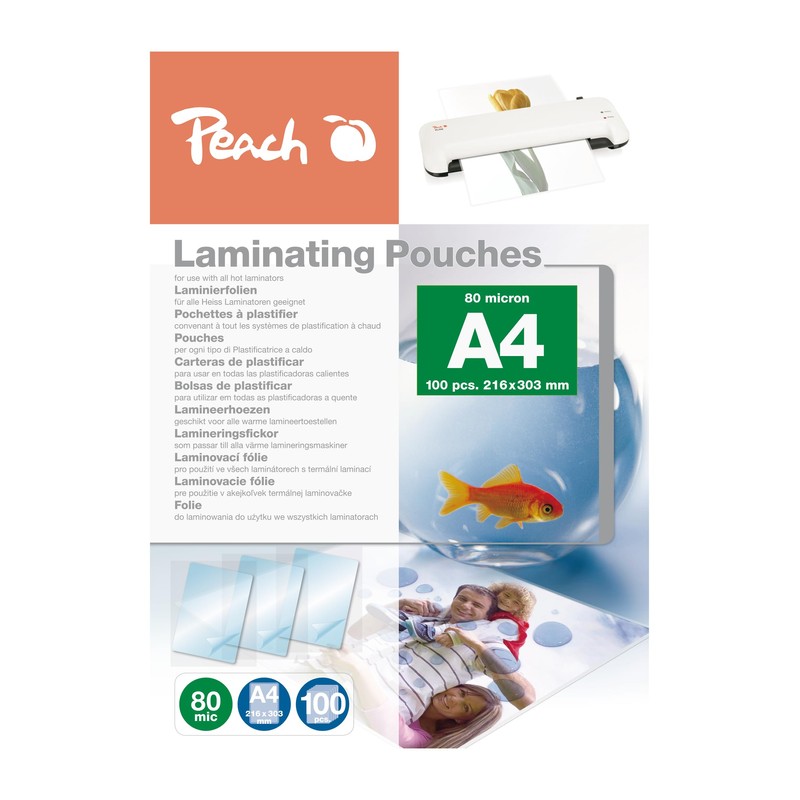 Peach Laminating pouches A4, 80 mic, 100 pouches, glossy, premium