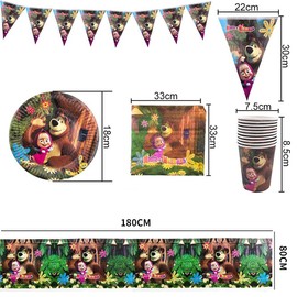 Mas-cha and the Bear Cutlery, 42-Piece Mas-cha and the Bear Party Set, Birthday Tableware Set with Plates, Cups, Napkins, Cutlery Sets for Birthday Gift
