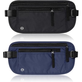 2PCS Cinturón de Viaje Antirrobo con Protección RFID,Soporte para Pasaporte, Cremallera Invisible, Adecuado para Viajes, Deportes, Correr y Fitness (Negro + Azul oscuro)