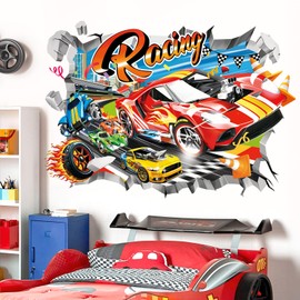 decalmile 3D Racing Cars Wall Stickers Break Through Red Cars Flags Wall Decals Boys Bedroom Kids Room Playroom Wall Decor