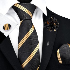 GUSLESON Black Tie for Wedding Mens Gold Striped Necktie Pocket Square Cufflinks and Lapel Pin Brooch Set (6108-45)