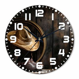 NOMEDOGYIM Cowboy Hat Wall Clock Battery Operated Cowboy Boots and Lariat Wall Clock Silent Non Ticking Quality Quartz 10 Inch Round Easy Clock to Read for Home Office