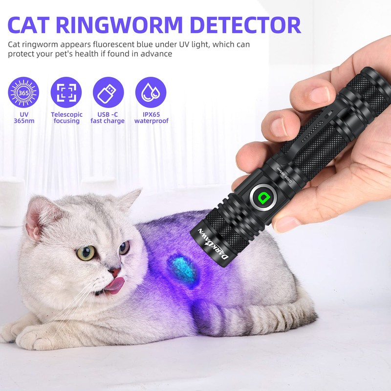 DARKDAWN UV Flashlight 365nm, LED Blacklight Flashlight, USB Rechargeable flashlights,
