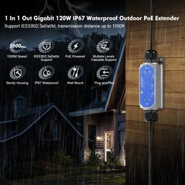 IP67 Outdoor Gigabit PoE Passthrough Switch, 1 PoE in 1 PoE Out Extender, IEEE802.3af/at/bt PoE Powered 90W, 10/100/1000Mbps Ethernet, Metal Wall Mount Waterproof Plug and Play