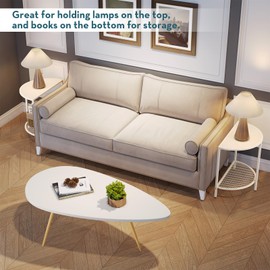 SAYGOER White Half Moon End Tables Small Bed Side Tables Night Stand for Living Bed Room 2 Tier Wood Couch Tables with White Metal Storage Shelf Adjustable Feet, All White