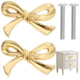 FDKYOEK 2 PCS Gold Bow Drawer Knobs, Bow Cabinet Knobs with Screws, Decorative Bowknot Drawer Pulls, Vintage Brass Gold Dresser Handles for Home Bedroom Kitchen Furniture Hardware Cupboard Wardrobe