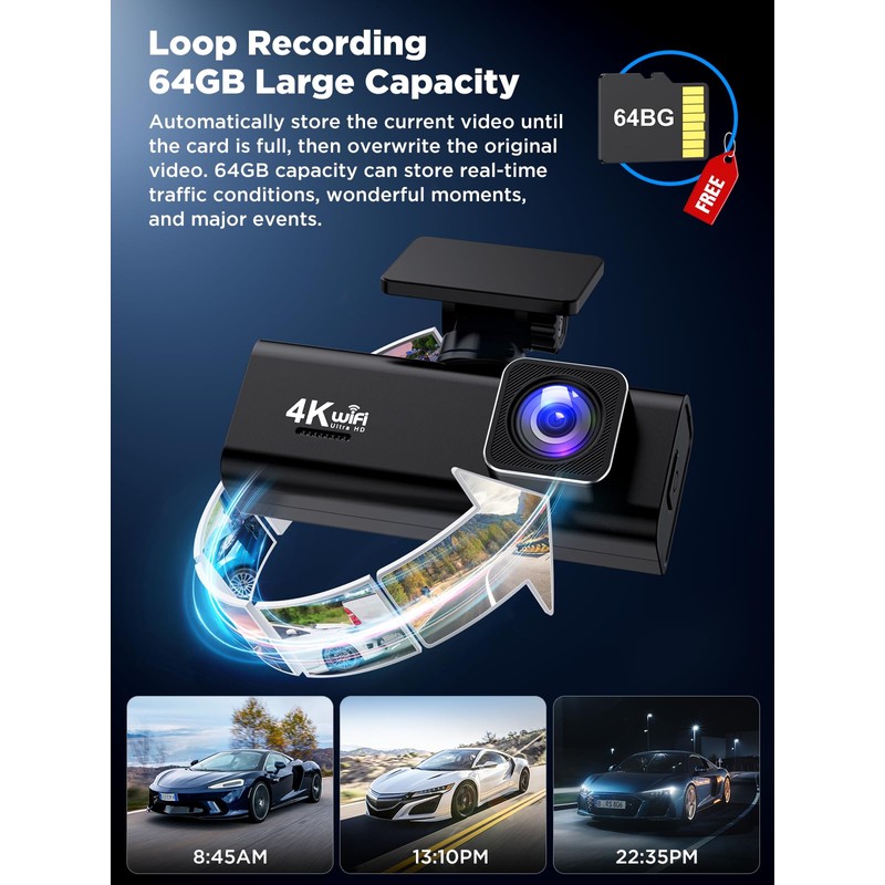SAVUSCAM Dash Cam 4K + 1080P, WiFi Dash Cam Front