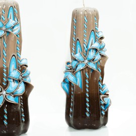Carved Candle Artisan, Handcrafted Decorative Dipped Candle, Home Decor, Fancy Unique Birthday Gift, Thanksgiving Gift, Christmas Large Candle, Present for mom, Brown Blue, Blue Flowers 8"