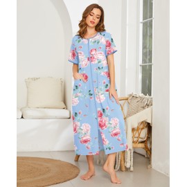 Ekouaer Women Robes Zipper Front Short Sleeve Full Length Housecoat with Pockets Loungewear Blue Fower,S